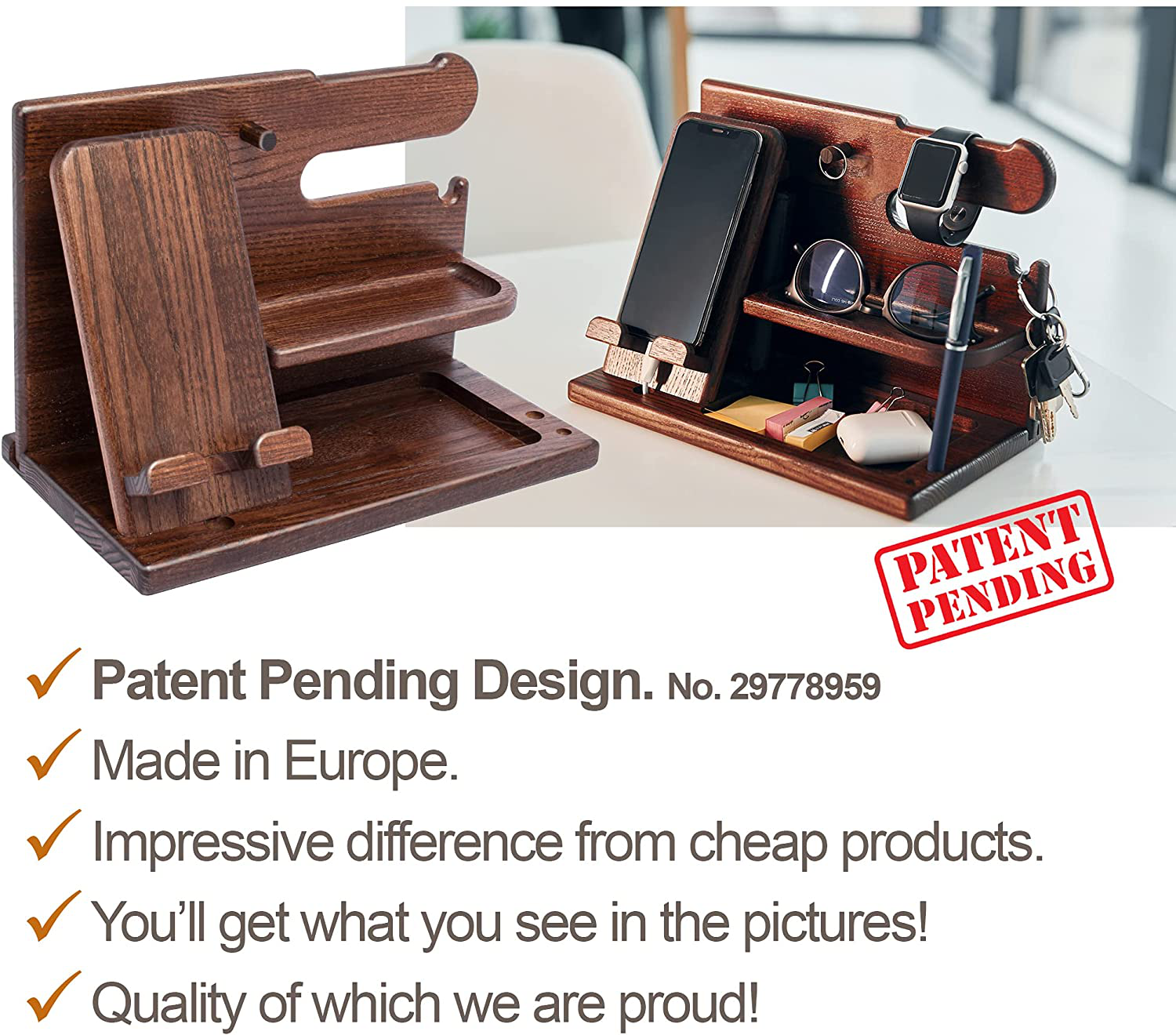 TESLYAR Wood Phone Docking Station Ash Key Holder Wallet Stand Watch Organizer Men Gift Husband Wife Anniversary Dad Birthday Nightstand Purse Father Graduation Male Travel Idea Gadgets