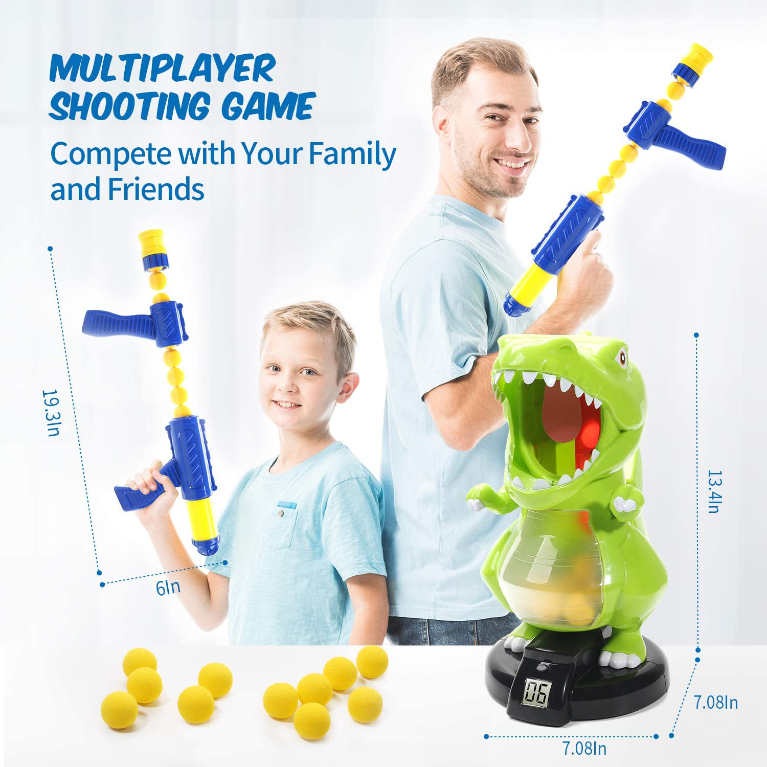 Eaglestone Dinosaur Shooting Toys for Boys, Kids Target Shooting Games W/ Air Pump Gun Birthday Party Supplies & LCD Score Record, Sound, 24 Foam Balls Electronic Target Practice Gift for Toddlers