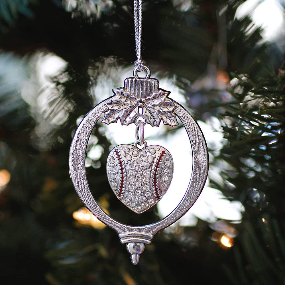 Inspired Silver - Baseball Heart Charm Ornament - Silver Customized Charm Holiday Ornaments with Cubic Zirconia Jewelry
