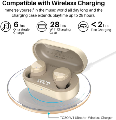 TOZO T12 Wireless Earbuds Bluetooth Headphones Premium Fidelity Sound Quality Wireless Charging Case Digital LED Intelligence Display IPX8 Waterproof Earphones Built-In Mic Headset for Sport Champagne