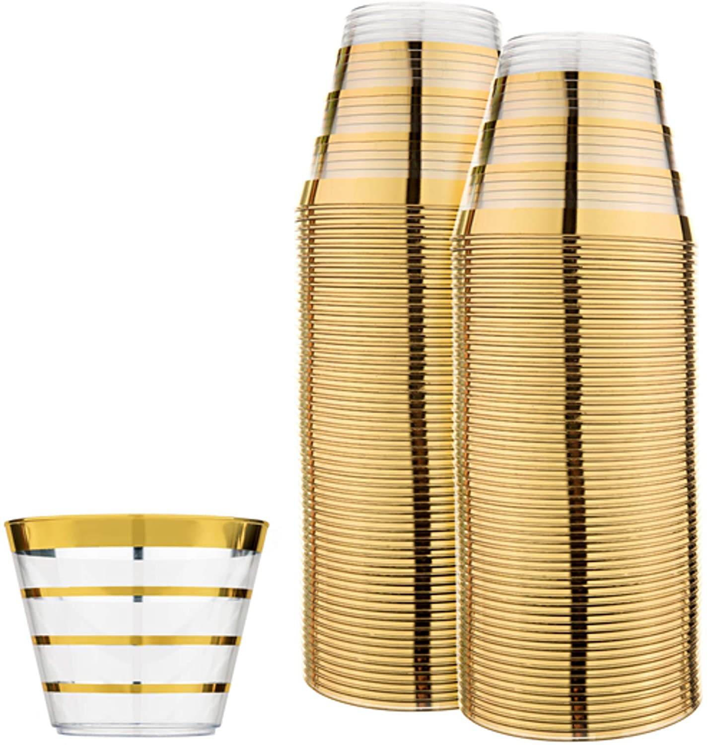 Perfect Settings 110 Premium Gold Rimmed (4 Ring) Clear Plastic Disposable Party Cups 9 Ounce Holiday Gathering or Wedding Party Elegant Disposable Cups