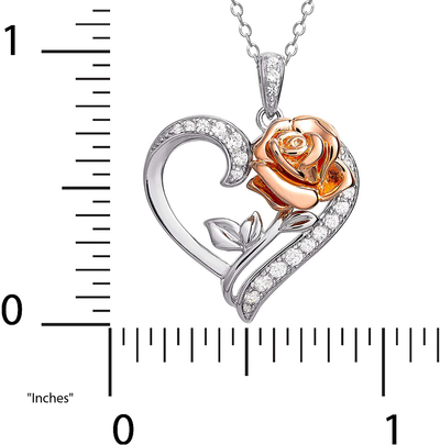 Disney Beauty and the Beast Pink Gold over Sterling Silver Two Tone Enchanted Rose Cubic Zirconia Heart Necklace, 18"