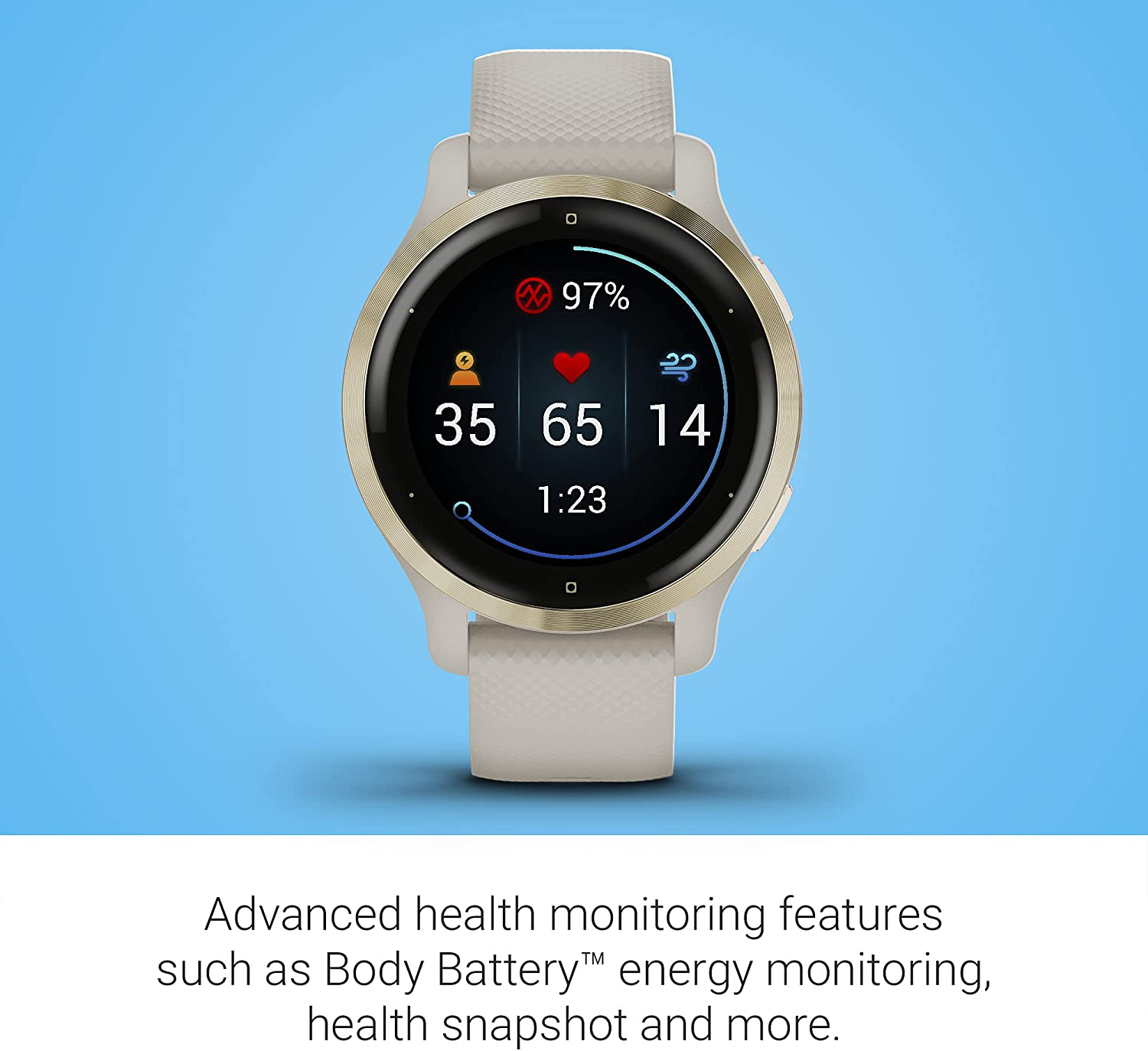 Garmin Venu 2S, Smaller-Sized GPS Smartwatch with Advanced Health Monitoring and Fitness Features, Light Gold Bezel with Tan Case and Silicone Band