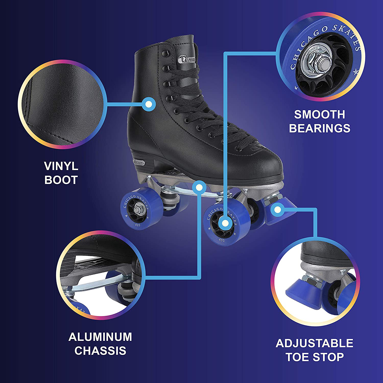 CHICAGO SKATES Men'S Classic Roller Skates - Premium Black Quad Rink Skates