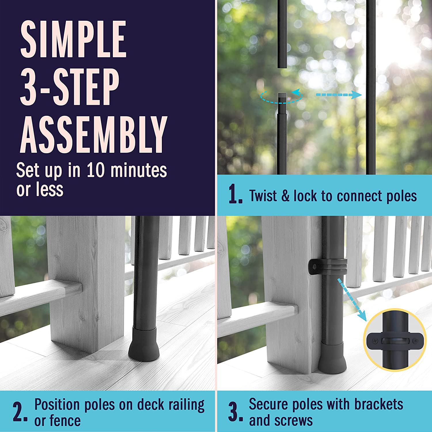Holiday Styling String Light Poles for Outdoor String Lights - Set of 2 Christmas Light Poles, 110 Inch Pole & Bracket Kit for Deck or Patio Railing - outside Hangers & Hooks for Backyard LED Lights