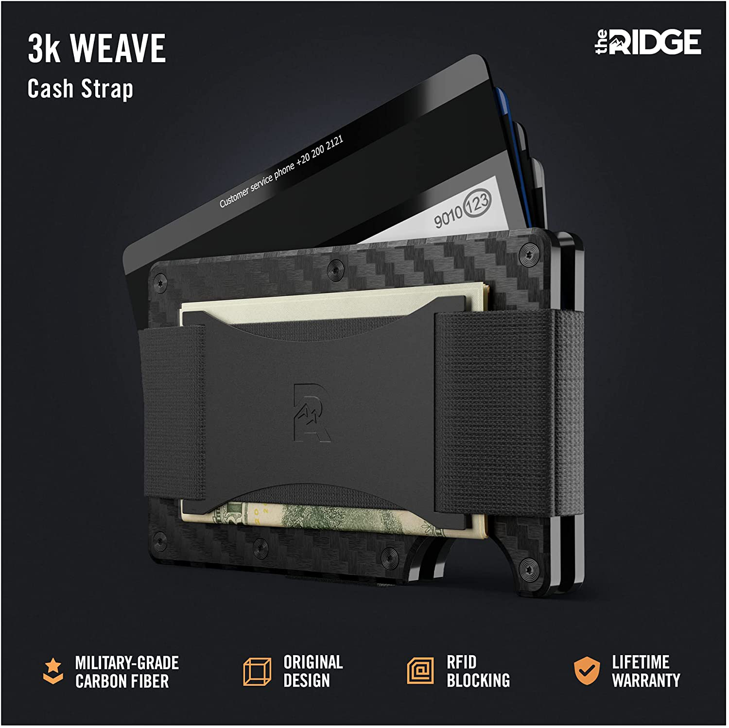 The Ridge Minimalist Slim Wallet for Men - RFID Blocking Front Pocket Credit Card Holder - Metal Small Mens Wallets with Cash Strap (Carbon Fiber)