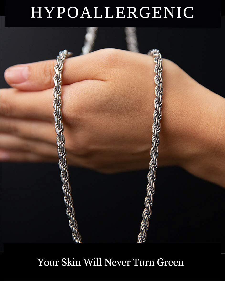 Authentic Solid Sterling Silver Rope Diamond-Cut Braided Twist Link .925 Rhodium Necklace Chains 1.5MM - 5.5MM, 16" - 30", Made in Italy, Men & Women, Next Level Jewelry