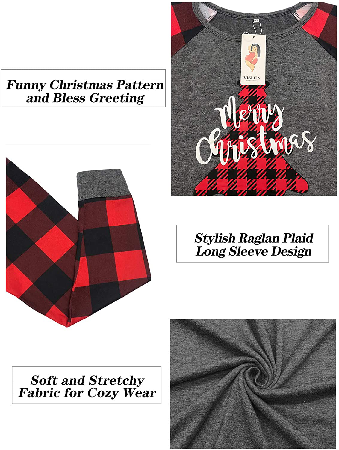 VISLILY Plus-Size-Christmas Shirts for Women Holiday Long Sleeve Tops Raglan Plaid Tee