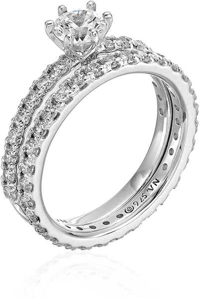 Platinum or Gold Plated Sterling Silver round Ring Set Made with Swarovski Zirconia