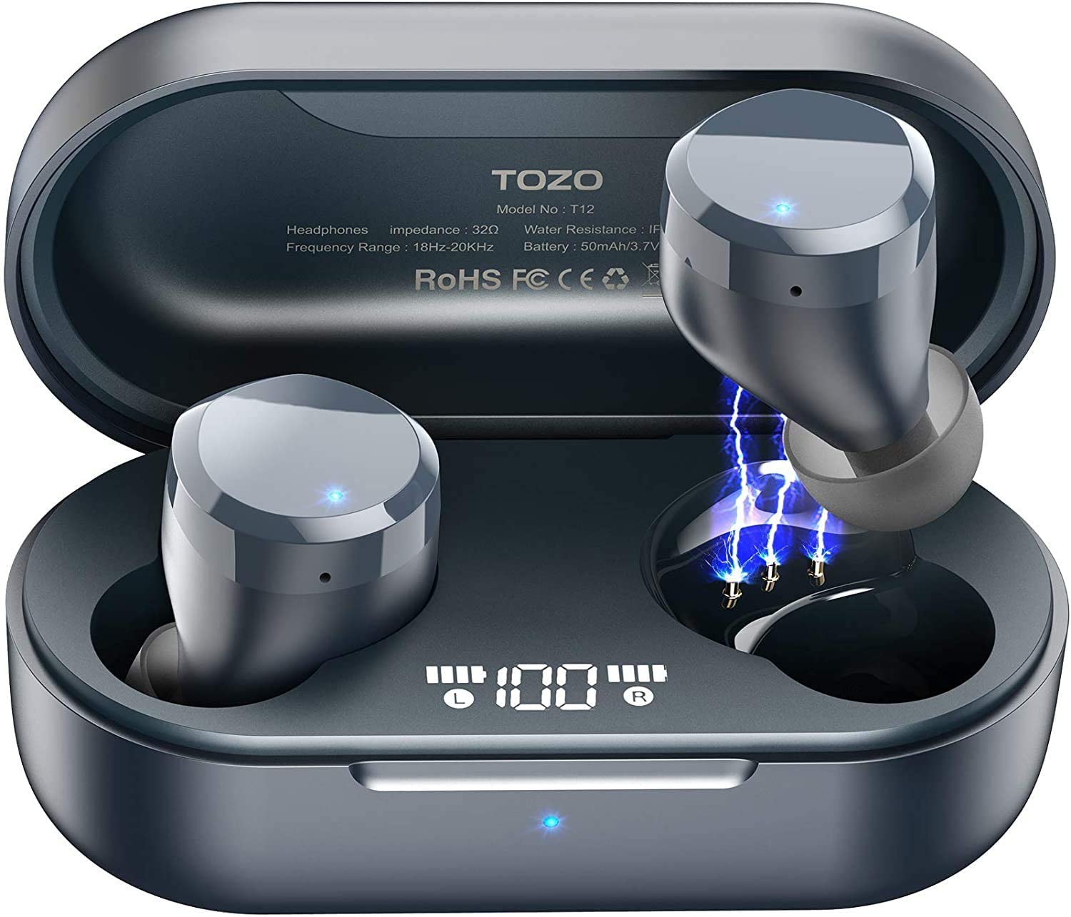TOZO T12 Wireless Earbuds Bluetooth Headphones Premium Fidelity Sound Quality Wireless Charging Case Digital LED Intelligence Display IPX8 Waterproof Earphones Built-In Mic Headset for Sport Blue
