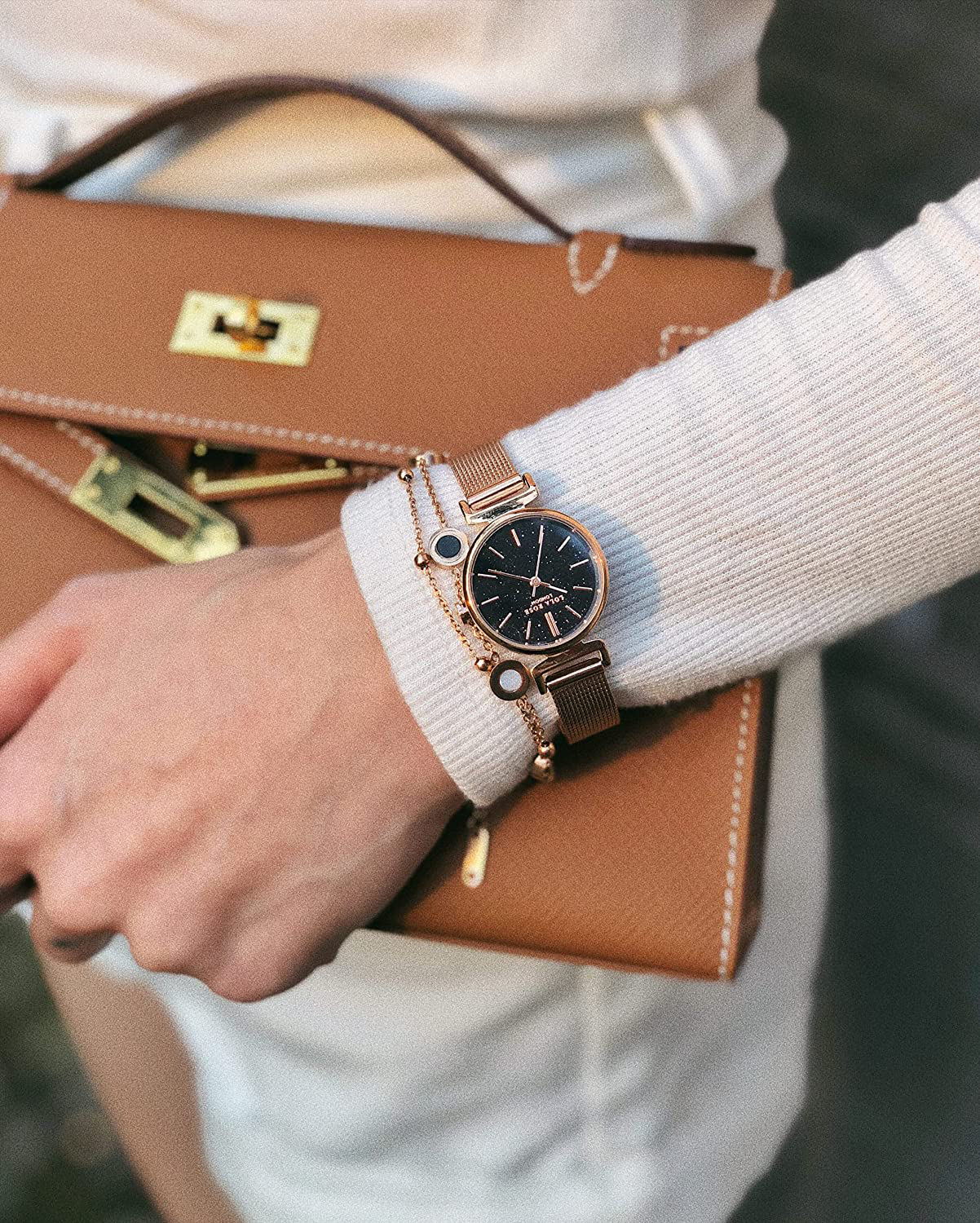 Lola Rose Women'S Blue Sandstone Watch with Rose Gold Tone Milanese Steel Band