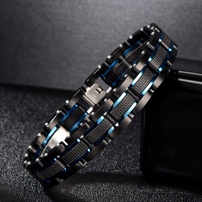 Zillaly Men'S Stainless Steel Two-Tone Square Link Diamond Bracelet in Black & Blue Ion-Plated Black