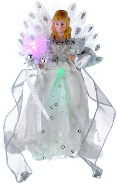KSA 12 Elegant Silver and White LED Light Fiber Optic Angel Christmas Tree Topper