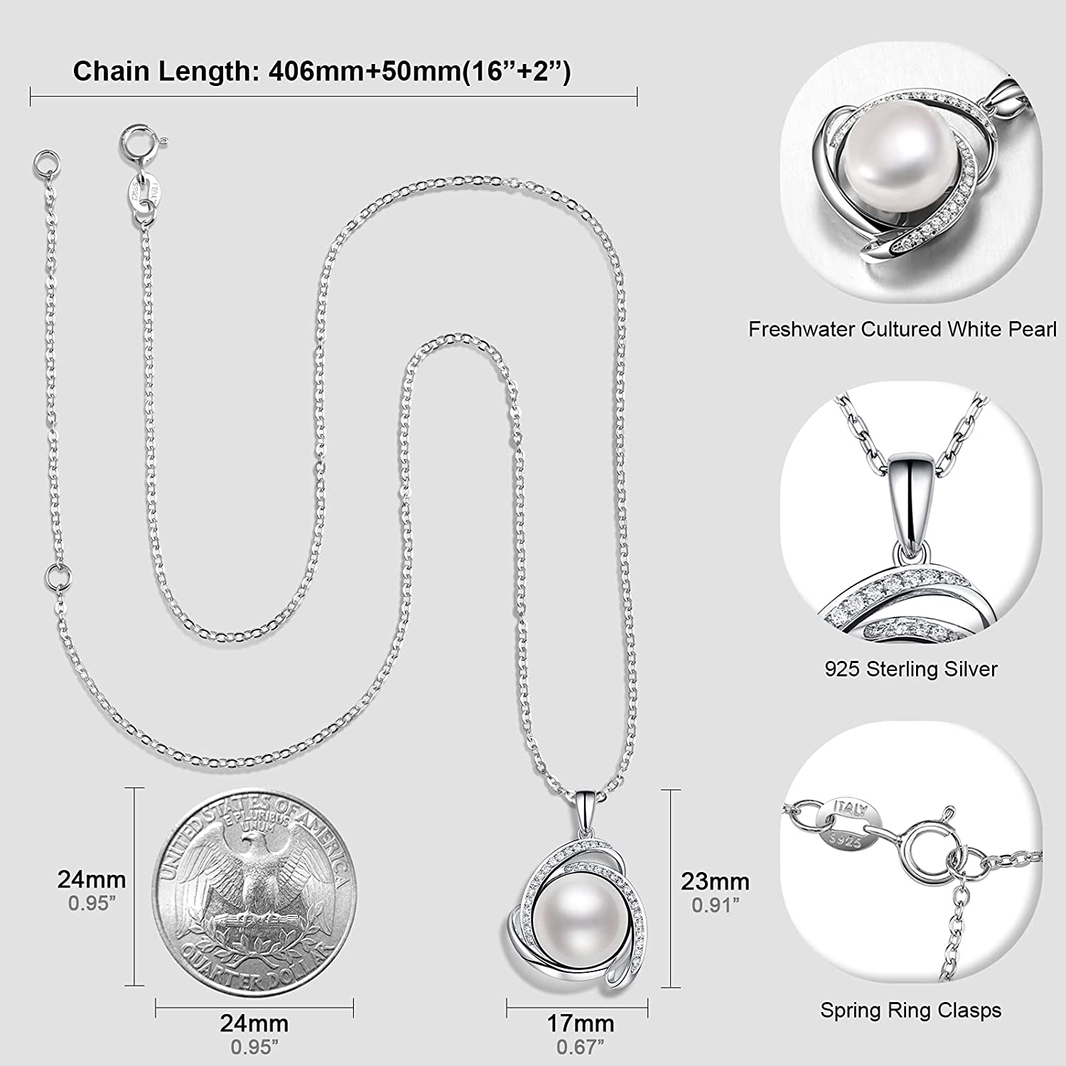 HXZZ Fine Jewelry Gifts for Women 925 Sterling Silver Freshwater Cultured White Pearl Pendant Necklace