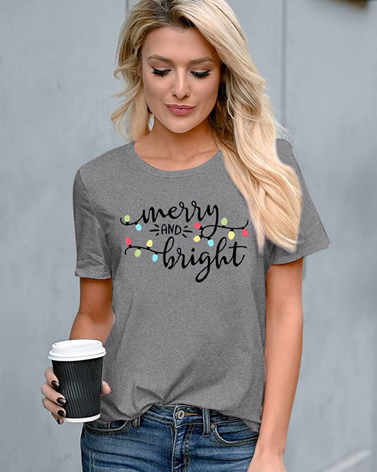 DUTUT Merry and Bright Christmas Lights T-Shirts Women Xmas Graphic Print Shirts Holiday Short Sleeve Tops Tees