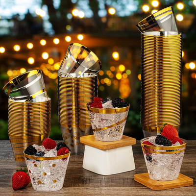 Perfect Settings 110 Premium Gold Rimmed (4 Ring) Clear Plastic Disposable Party Cups 9 Ounce Holiday Gathering or Wedding Party Elegant Disposable Cups