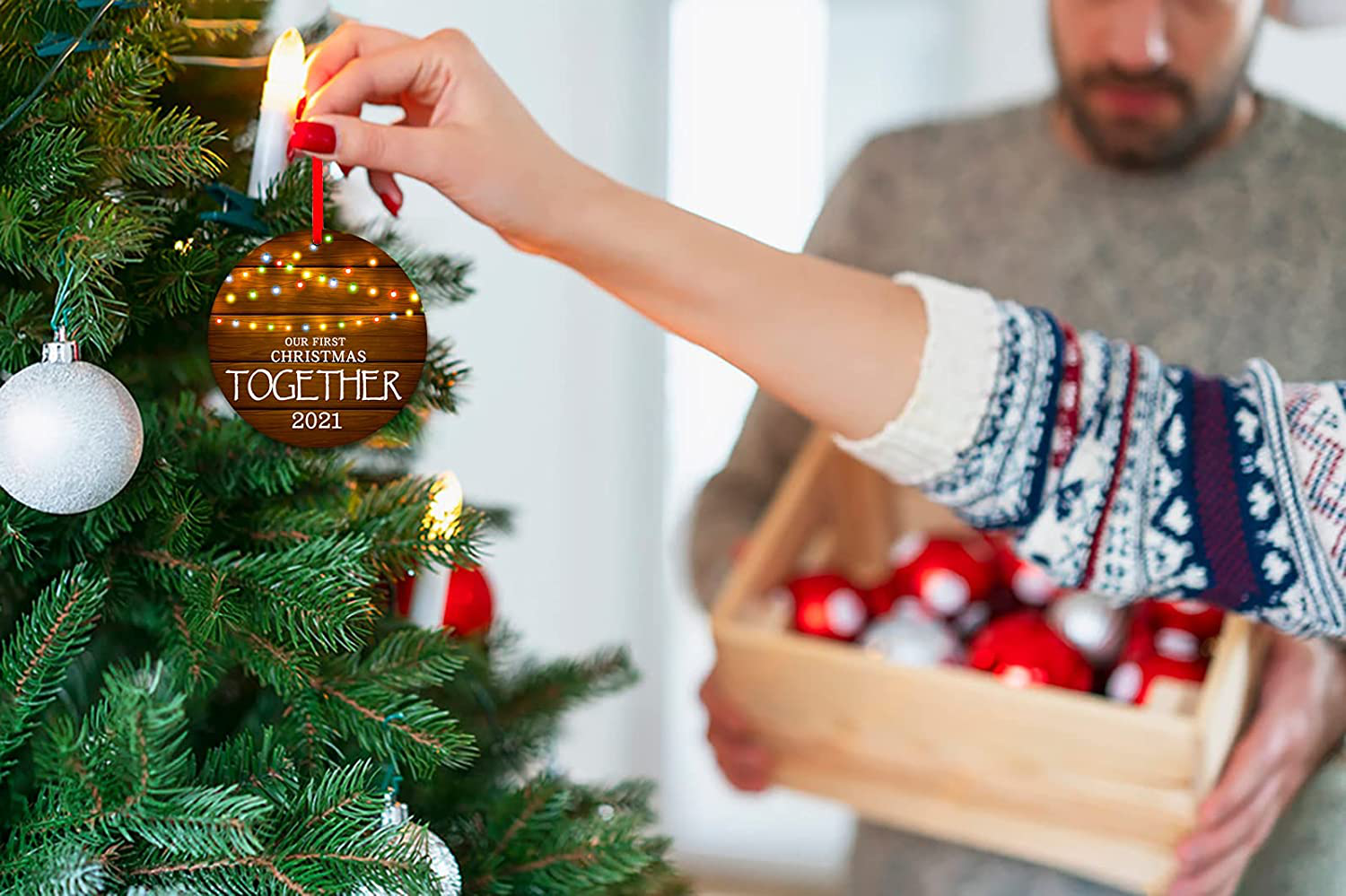 Our First Christmas Together Ornament 2021, 3" Rustic 1St Holiday Keepsake Ornament, Double-Side Printed Boyfriend Girlfriend Farmhouse Collectible Present