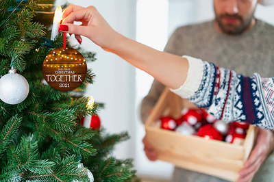 Our First Christmas Together Ornament 2021, 3" Rustic 1St Holiday Keepsake Ornament, Double-Side Printed Boyfriend Girlfriend Farmhouse Collectible Present