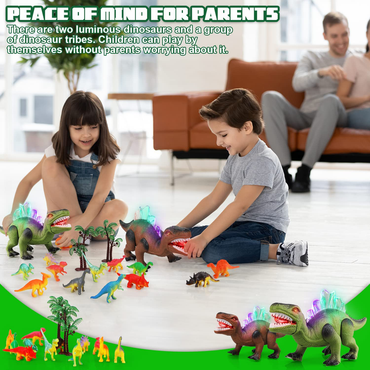 STEAM Life 2 Pack Walking Dinosaur Toys for Kids Green & Brown with 12 Pcs Mini Dinosaur Figures Mouth Moves Roars and Lights up - Electronic Dino Toys Dinosaur Toys for Boys and Girls