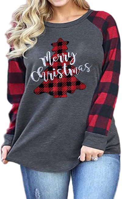 VISLILY Plus-Size-Christmas Shirts for Women Holiday Long Sleeve Tops Raglan Plaid Tee