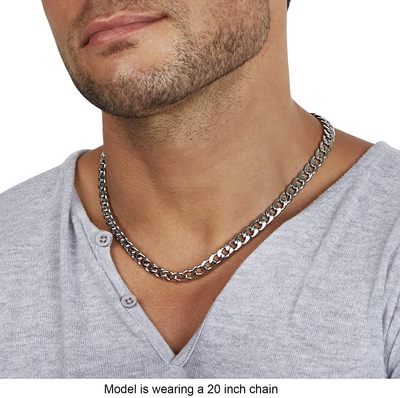 Silvadore 9Mm Curb Mens Necklace - Silver Chain Flat Cuban Stainless Steel Jewelry - Neck Link Chains for Men Man Boys Male Heavy Military - 18 20 22 24 Inch