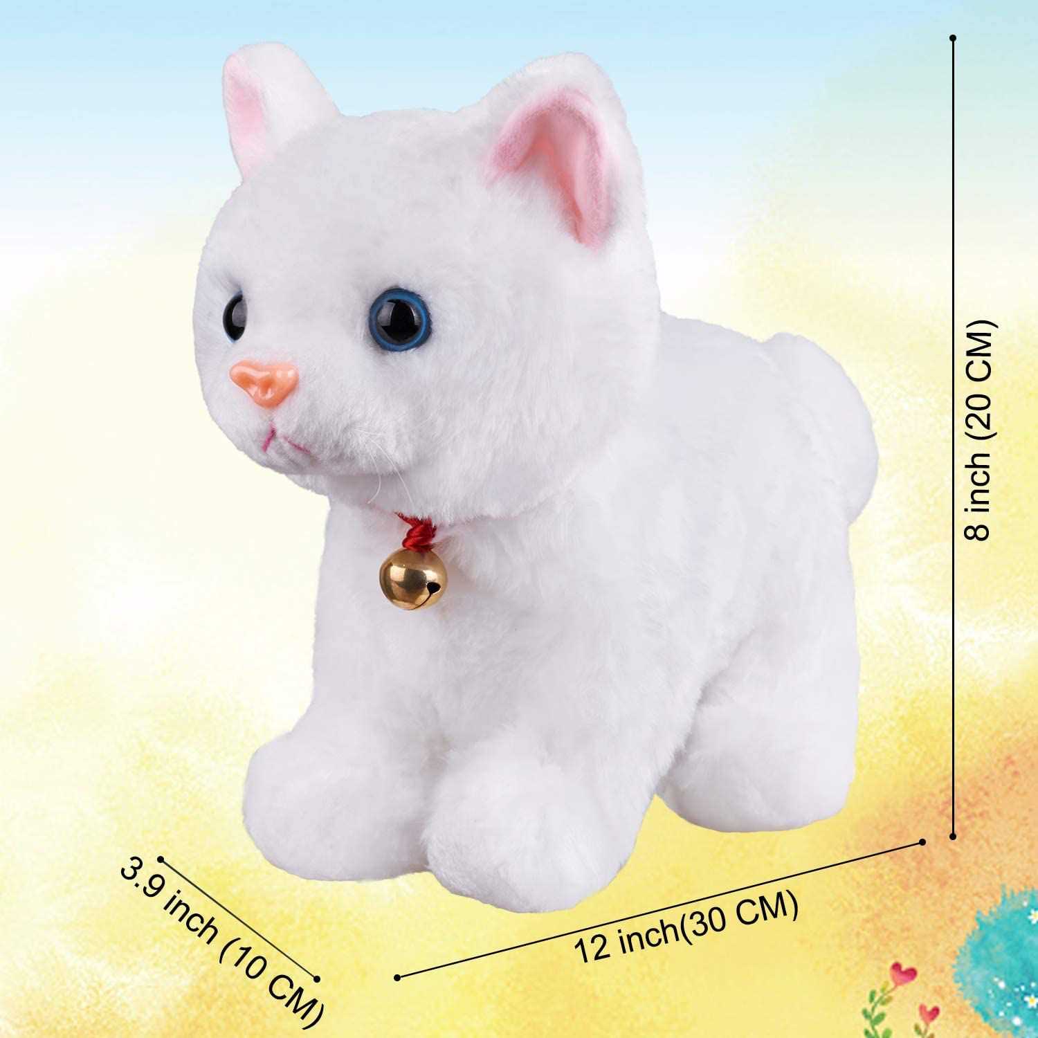 White Plush Cat Stuffed Animal Interactive Cat Robot Toy, Robotic Cat Barking Meow Kitten Touch Control, Electronic Cat Pet, Robot Cat Kitty Toy, Animated Toy Cats for Girls Baby Kids L:12" H:8"