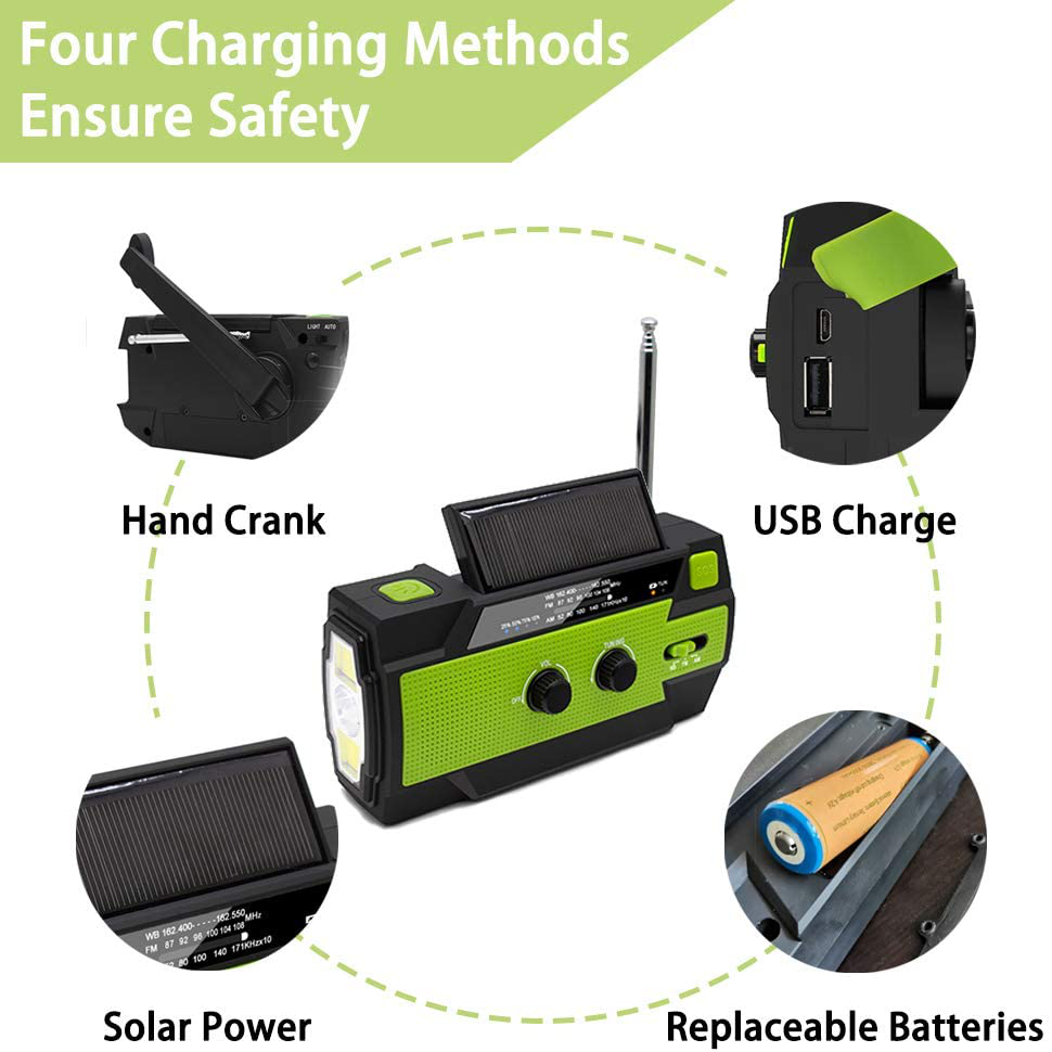 【2021 Newest】 Emergency Solar Hand Crank Portable Weather Radio, with AM FM NOAA, 3 LED Flashlights, Motion Sensor, Reading Lamp, SOS Alarm, 4000Mah Rechargeable Battery USB Charger (Green)