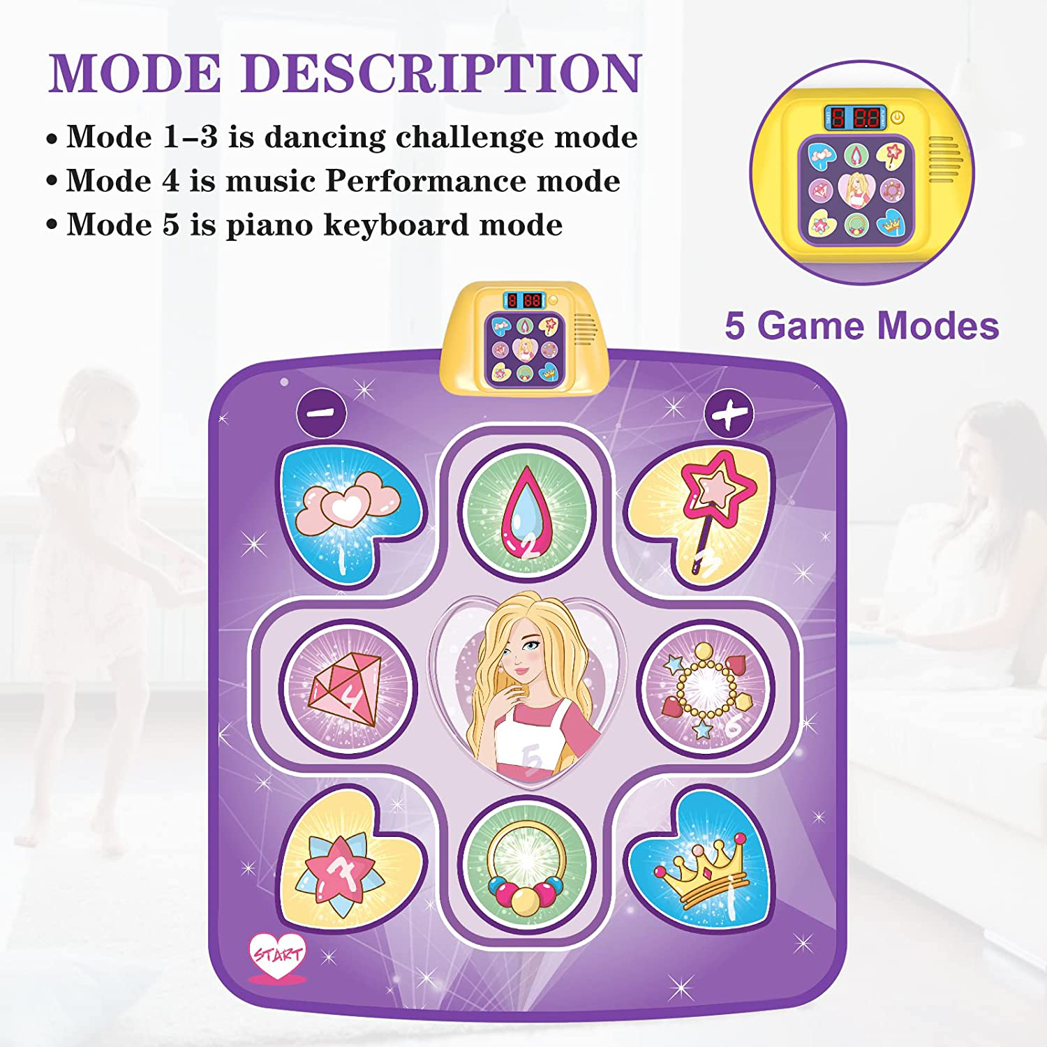 Beefunni Dance Mat Toys for 3-10 Year Old Girls, 5 Game Modes Including 3 Challenge Levels, Adjustable Volume Dance Pad with LED Lights, Christmas Birthday Gifts for 3 4 5 6 7 8 9+ Year Old Girls