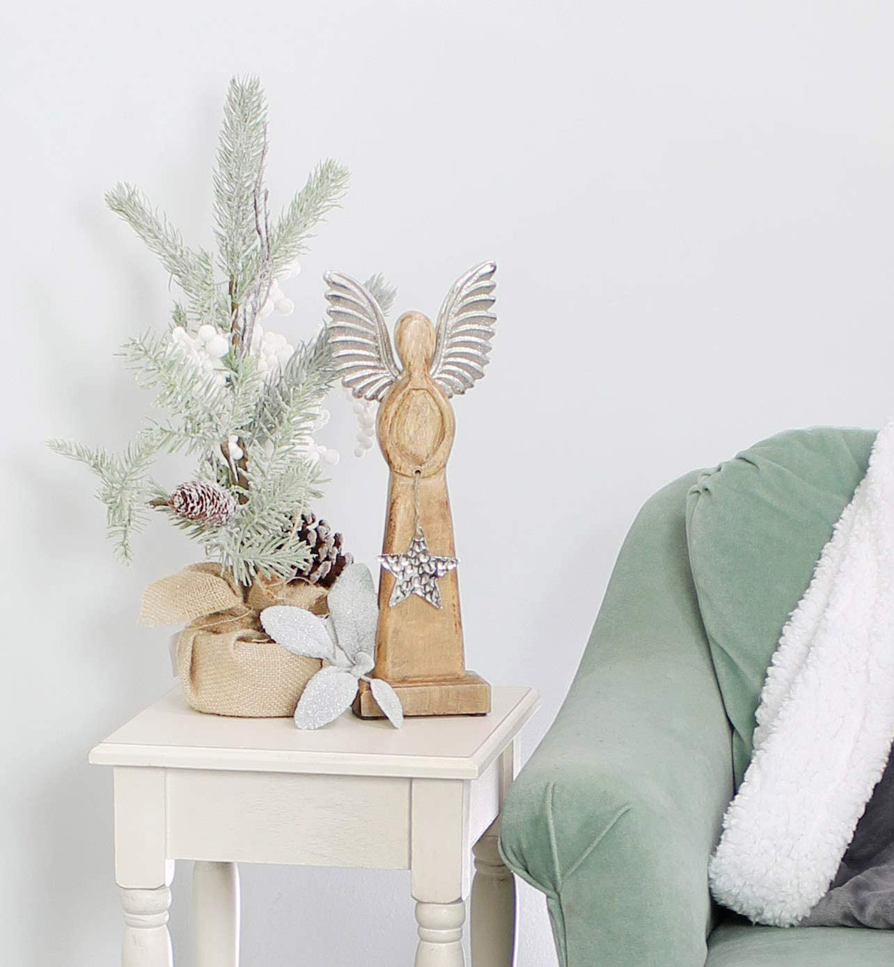 Auldhome Wooden Angel Christmas Statue; Farmhouse Holiday Decor Wood and Metal Figurine