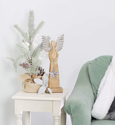 Auldhome Wooden Angel Christmas Statue; Farmhouse Holiday Decor Wood and Metal Figurine