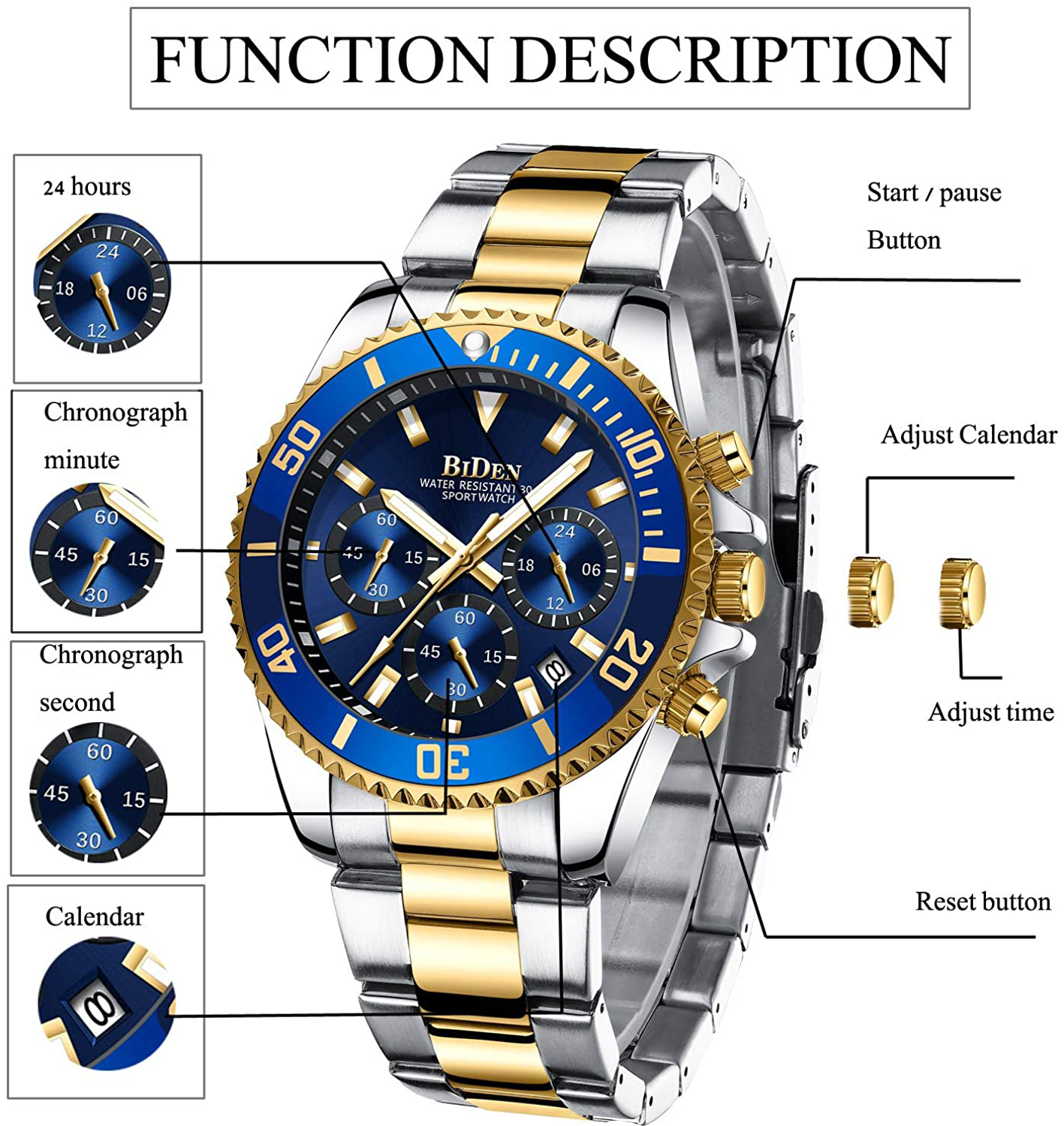 Mens Watches Chronograph Stainless Steel Waterproof Date Analog Quartz Watch Business Wrist Watches for Men