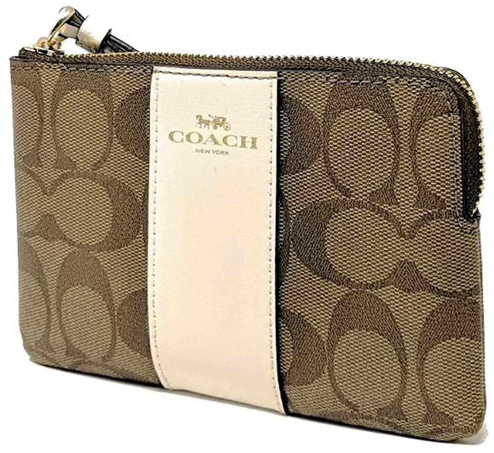 Coach Signature PVC Small Corner Zip Wristlet Khaki Chalk F58035
