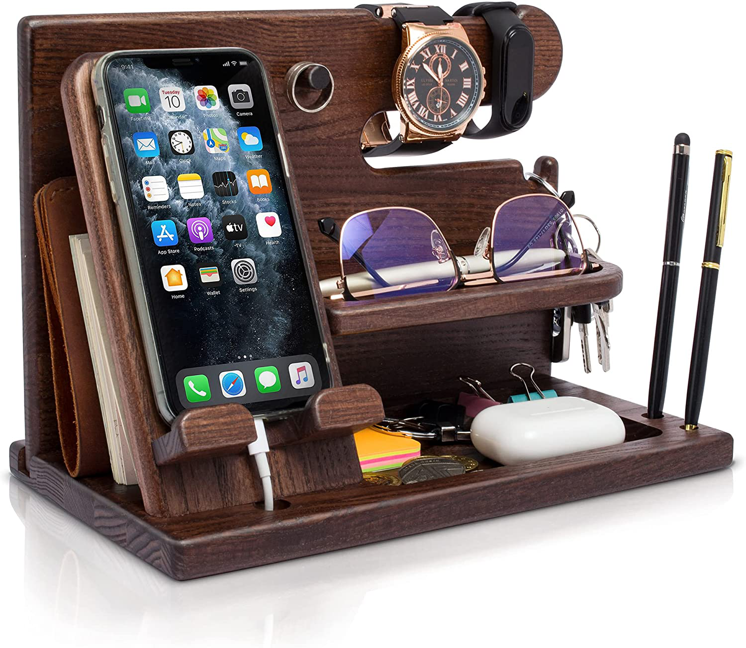 TESLYAR Wood Phone Docking Station Ash Key Holder Wallet Stand Watch Organizer Men Gift Husband Wife Anniversary Dad Birthday Nightstand Purse Father Graduation Male Travel Idea Gadgets