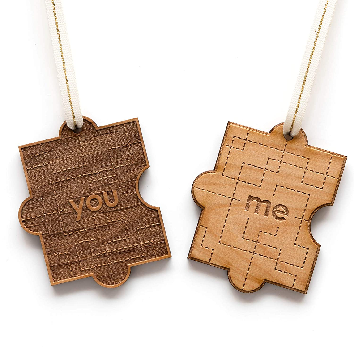 You & Me Pair Puzzle Piece Laser Cut Wood Ornaments - Comes with 2 [Christmas, Holiday, Love, Anniversary, Personalized Gifts, Custom Message, Stocking Stuffers]