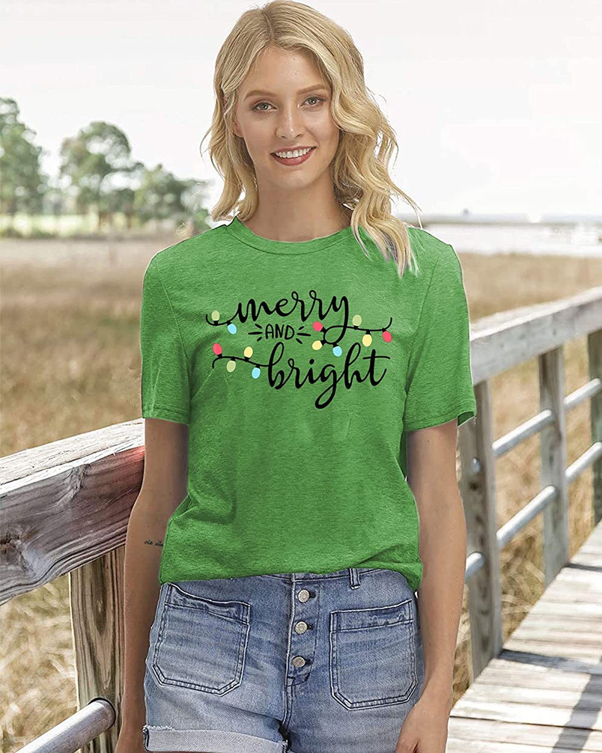 DUTUT Merry and Bright Christmas Lights T-Shirts Women Xmas Graphic Print Shirts Holiday Short Sleeve Tops Tees