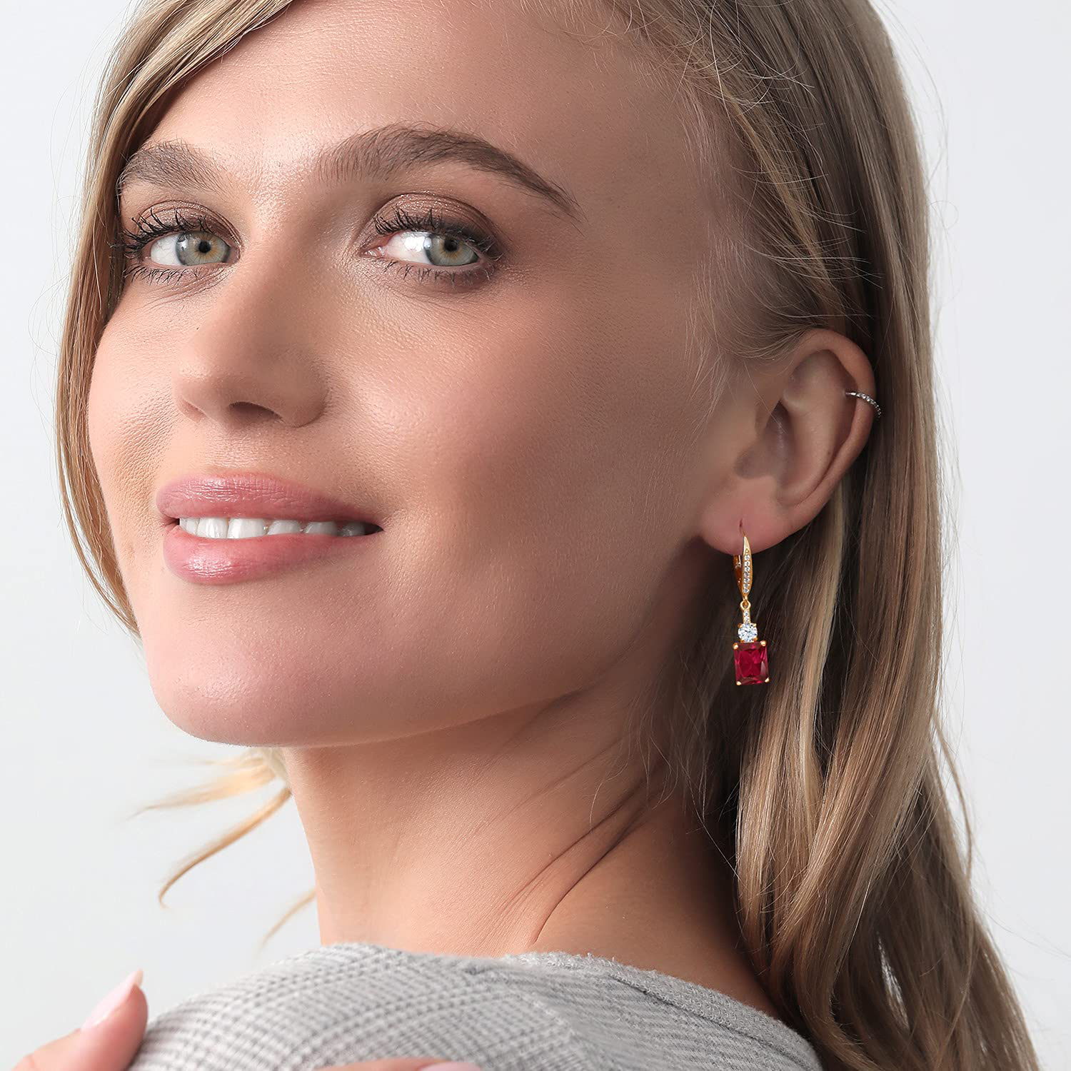 Gem Stone King 5.60 Ct Emerald Cut Red Created Ruby 18K Yellow Gold Plated Silver Earrings