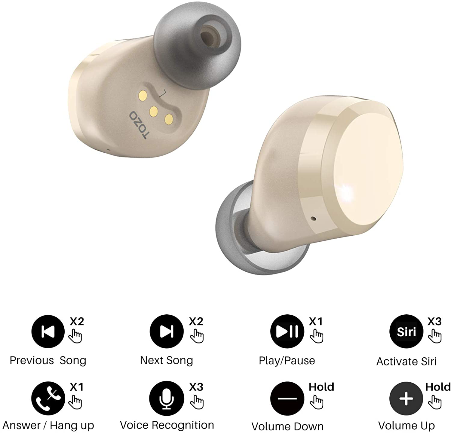 TOZO T12 Wireless Earbuds Bluetooth Headphones Premium Fidelity Sound Quality Wireless Charging Case Digital LED Intelligence Display IPX8 Waterproof Earphones Built-In Mic Headset for Sport Champagne