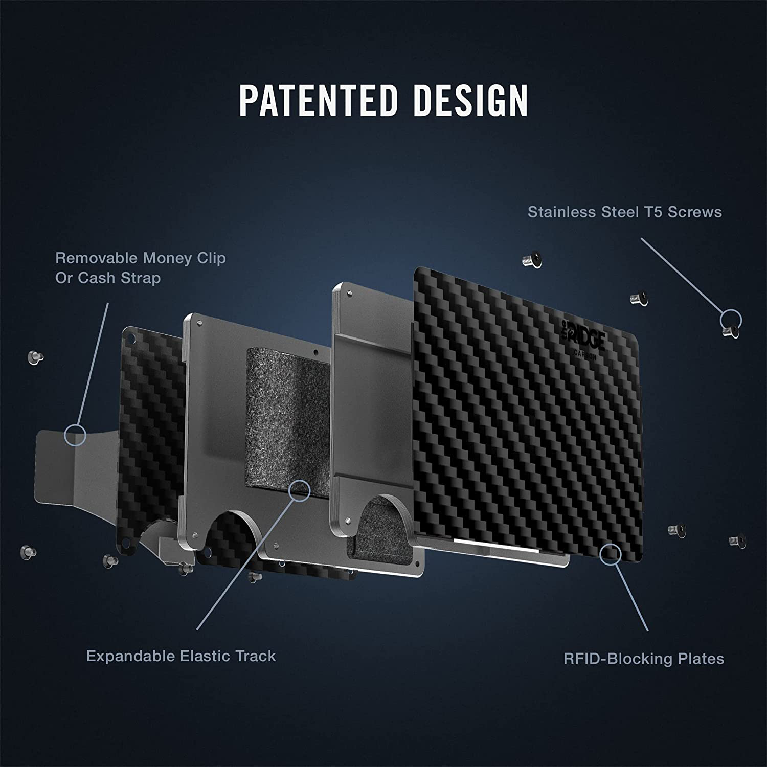 The Ridge Minimalist Slim Wallet for Men - RFID Blocking Front Pocket Credit Card Holder - Metal Small Mens Wallets with Cash Strap (Carbon Fiber)