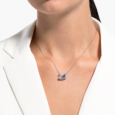 SWAROVSKI Women'S Dancing Swan Necklace Jewelry Collection, Rhodium Finish, Blue Crystals, Clear Crystals