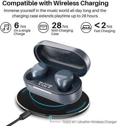TOZO T12 Wireless Earbuds Bluetooth Headphones Premium Fidelity Sound Quality Wireless Charging Case Digital LED Intelligence Display IPX8 Waterproof Earphones Built-In Mic Headset for Sport Blue