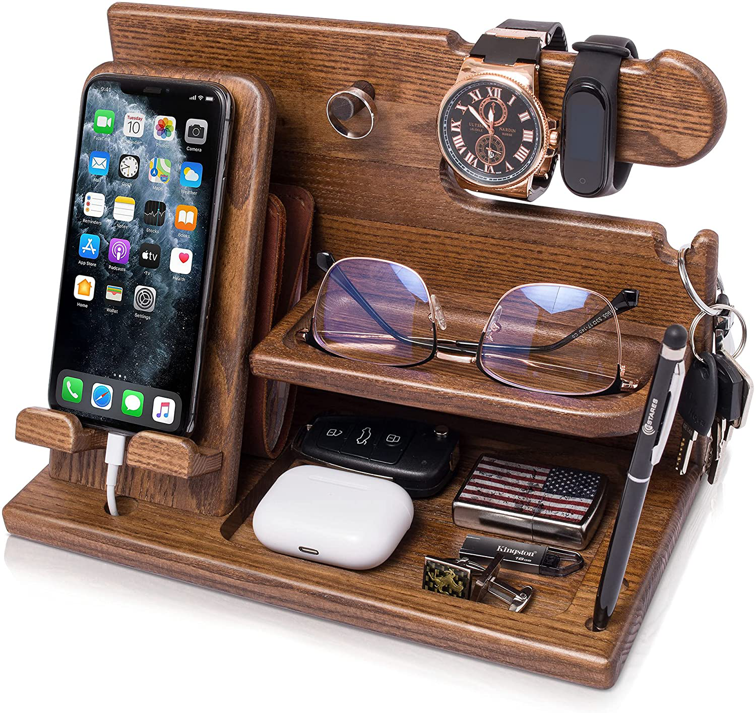 TESLYAR Wood Phone Docking Station Ash Key Holder Wallet Stand Watch Organizer Men Gift Husband Wife Anniversary Dad Birthday Nightstand Purse Father Graduation Male Travel Idea Gadgets