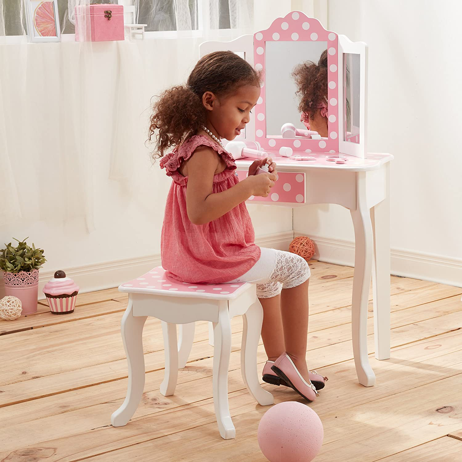 Teamson Kids Gisele Polka Dot Wooden Vanity Set with Tri-Fold Mirror and Chair Table & Stool Set, Pink/White