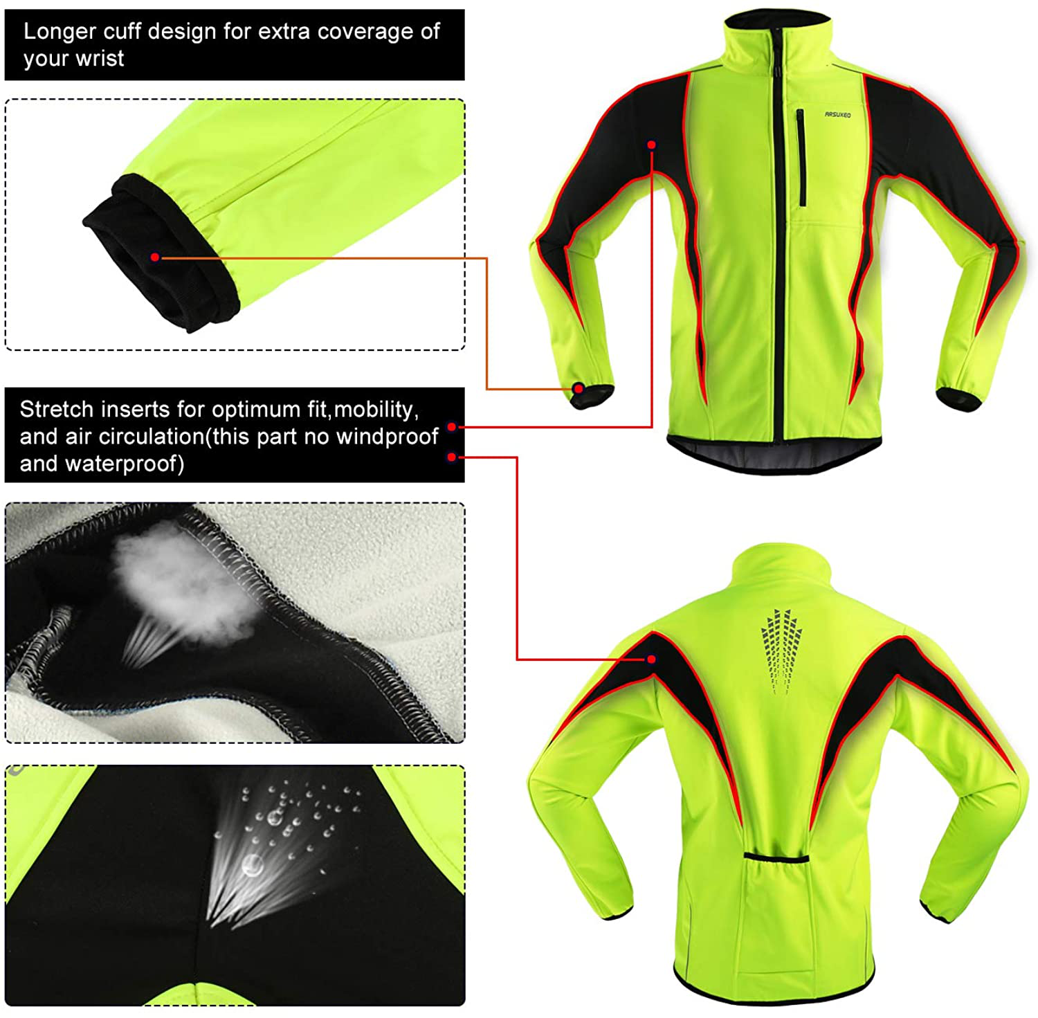 ARSUXEO Winter Warm up Thermal Softshell Cycling Jacket Windproof Waterproof 15-K