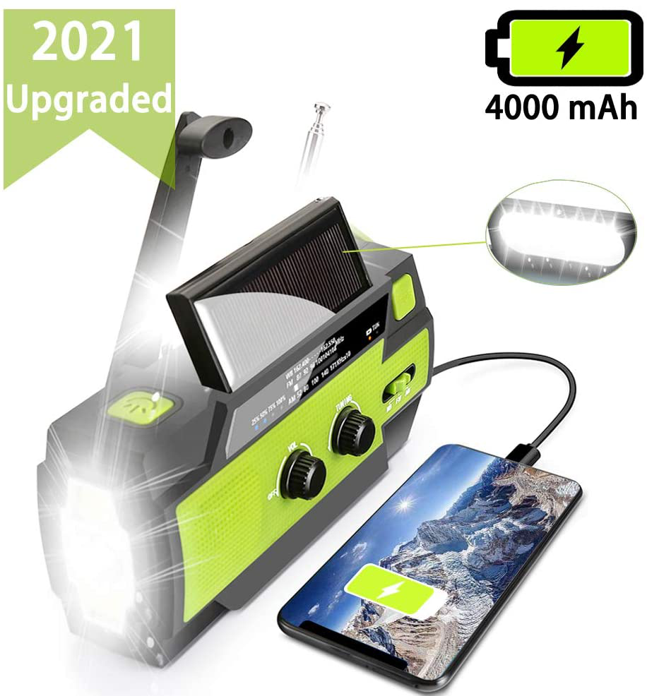 【2021 Newest】 Emergency Solar Hand Crank Portable Weather Radio, with AM FM NOAA, 3 LED Flashlights, Motion Sensor, Reading Lamp, SOS Alarm, 4000Mah Rechargeable Battery USB Charger (Green)