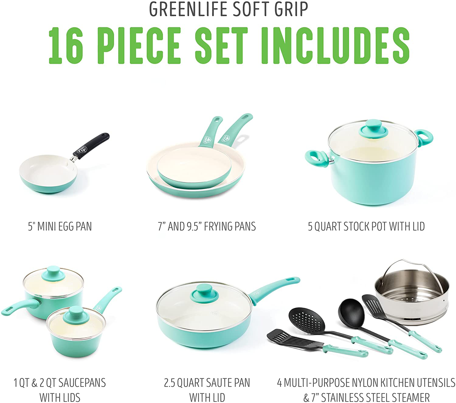 Greenlife Soft Grip Healthy Ceramic Nonstick, Cookware Pots and Pans Set, 16 Piece, Turquoise