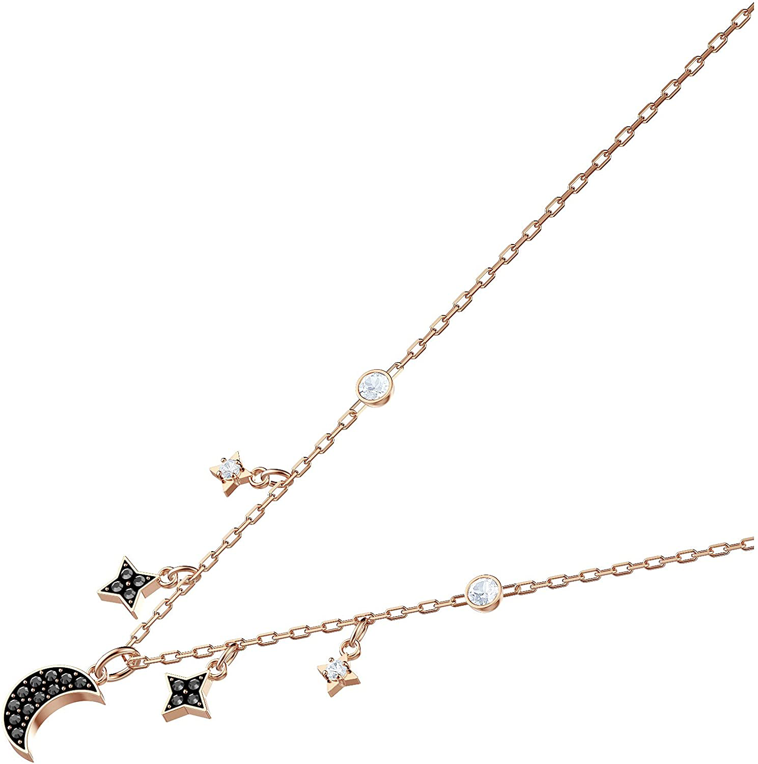 Swarovski Symbolic Moon Necklace with a Black Crystal Pavé Moon and Black and White Crystal Studded Star Charms on a Gold-Tone Plated Chain