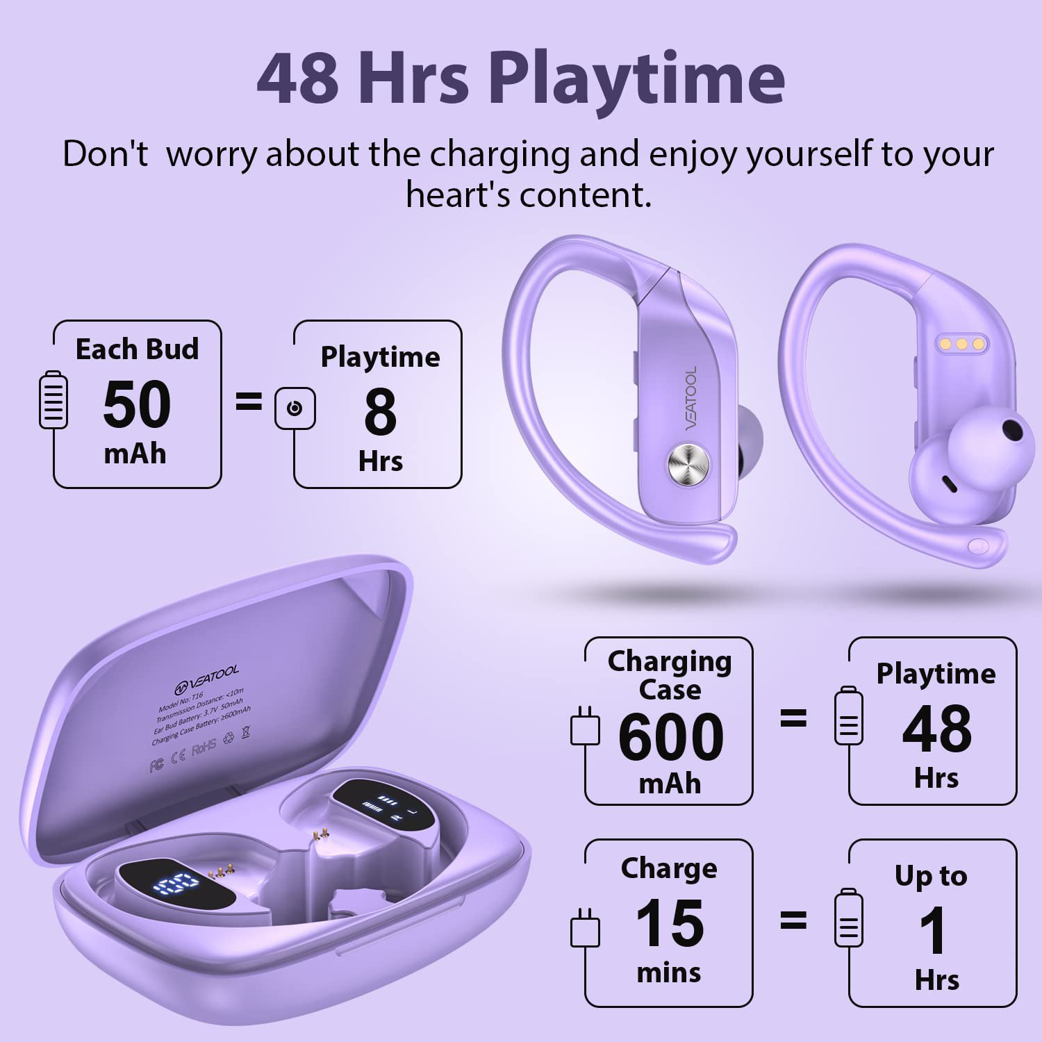 Wireless Earbuds Bluetooth Headphones 48Hrs Play Back Sport Earphones with LED Display Over-Ear Buds with Earhooks Built-In Mic Headset for Workout Purple BMANI-VEAT00L