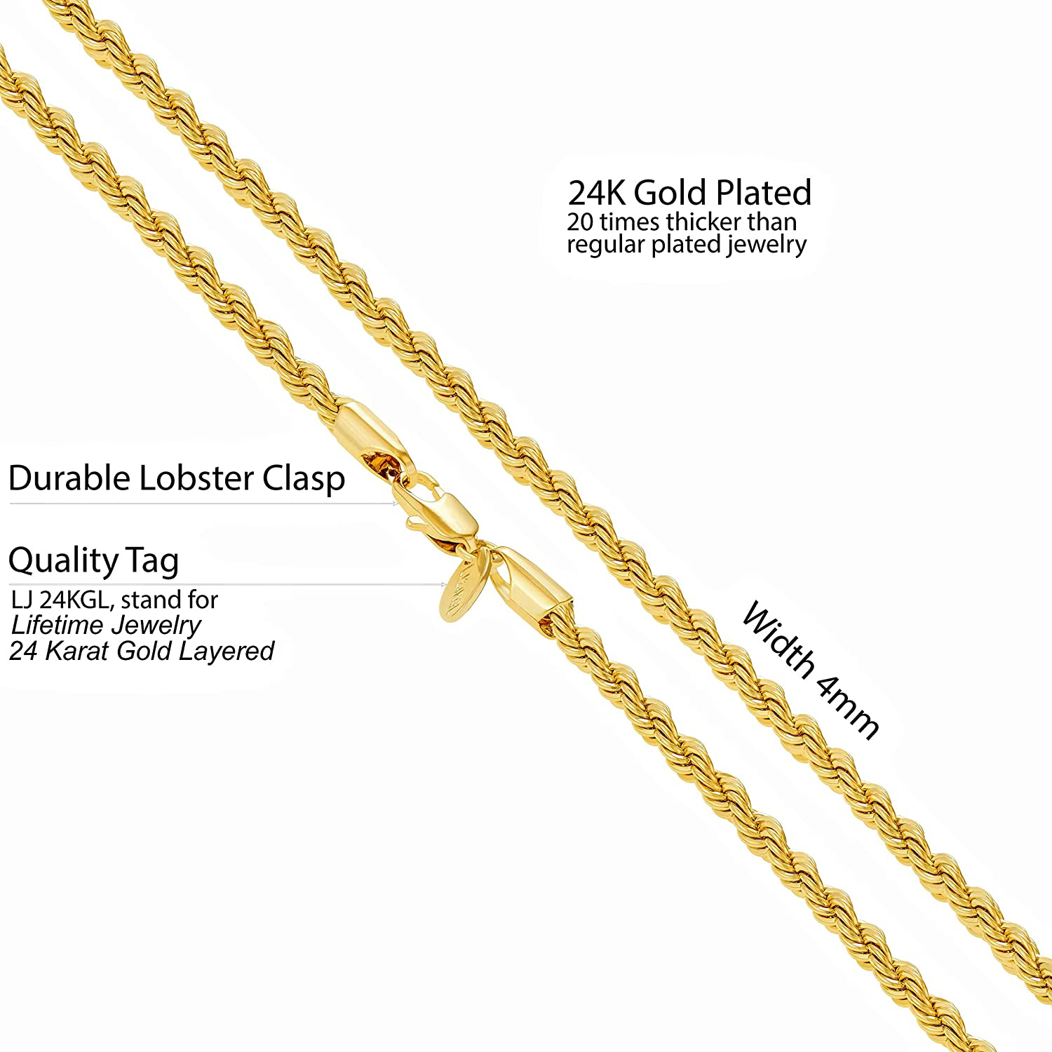 LIFETIME JEWELRY 4Mm Rope Chain Necklace 24K Real Gold Plated for Women and Men