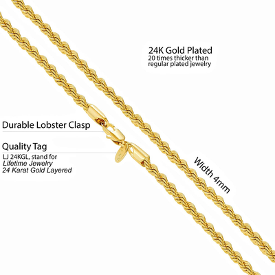 LIFETIME JEWELRY 4Mm Rope Chain Necklace 24K Real Gold Plated for Women and Men