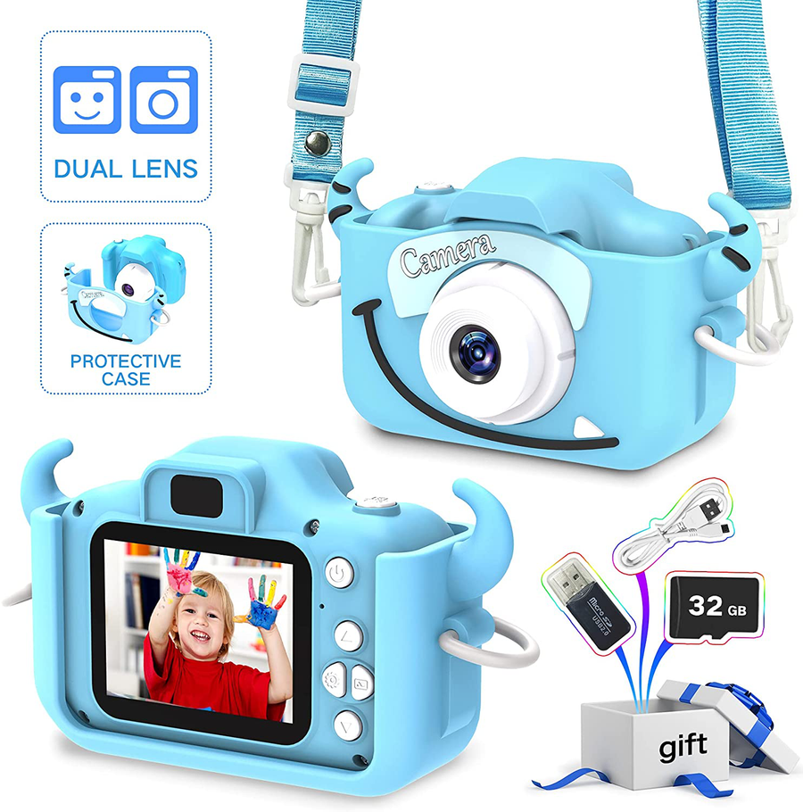 Goopow Kids Camera Toys for 3-8 Year Old Boys,Children Digital Video Camcorder Camera with Cartoon Soft Silicone Cover, Best Chritmas Birthday Festival Gift for Kids - 32G SD Card Included(Light Blue)